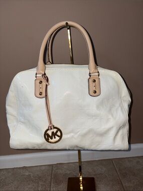 Michael Kors White Patent Satchel with Beige Trim and Gold Hardware